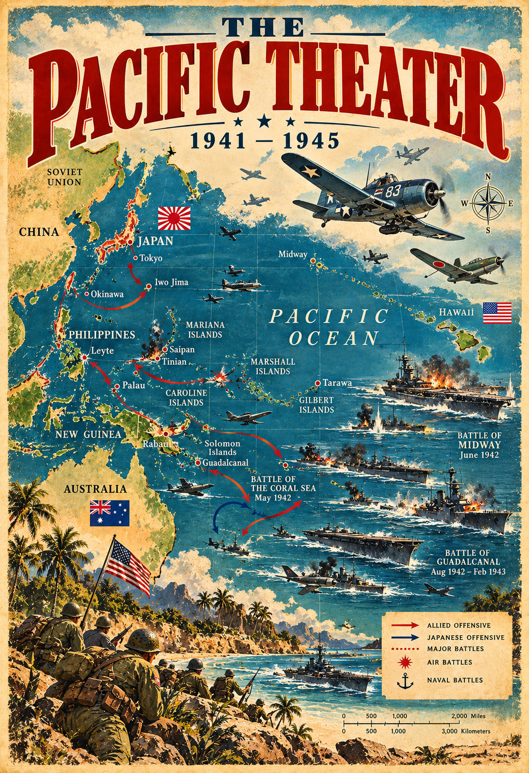 The Pacific Theater 1941-1945 WWII Map Vintage Military History Poster 13x19