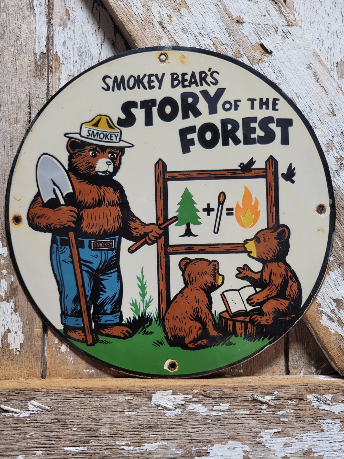 VINTAGE SMOKEY BEAR PORCELAIN SIGN OLD FOREST SERVICE NATIONAL PARK PREVENT FIRE