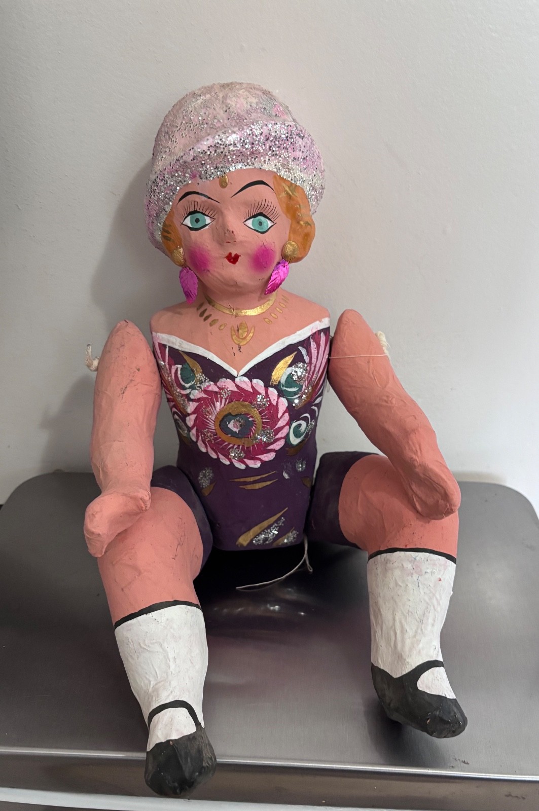 Vintage Folk Art Doll Traditional Mexican Paper-Mache Cartoneria Sitting Doll