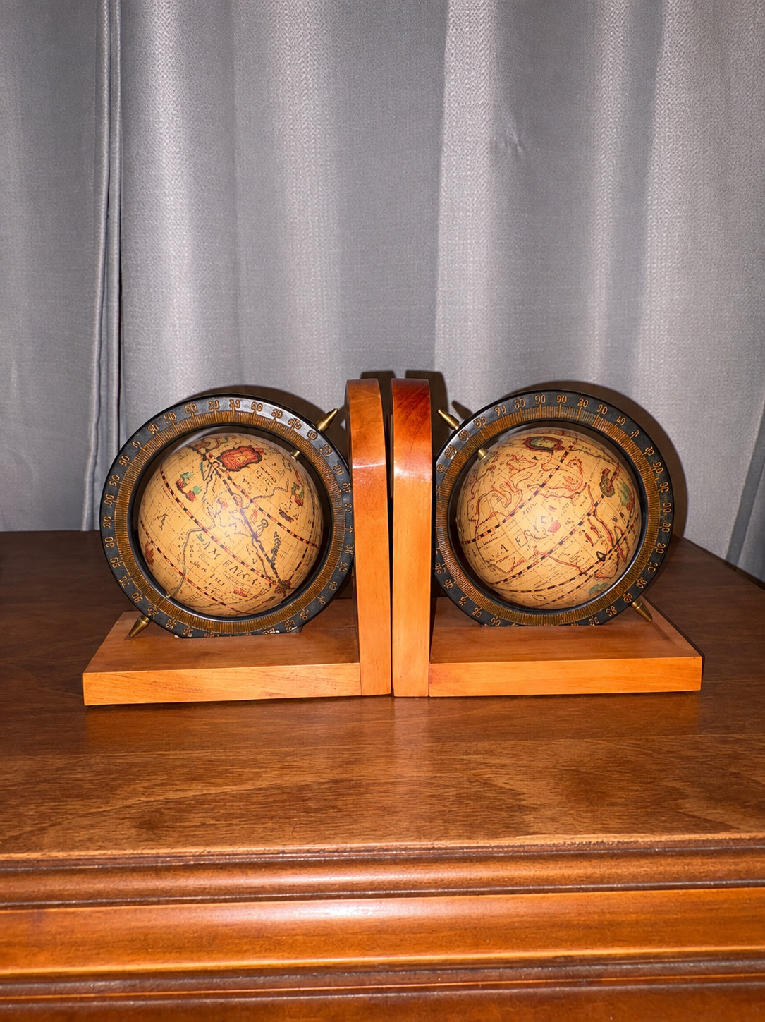 Vintage Wood Rotating Globe Bookends Pair Library Office Mid Century Decor