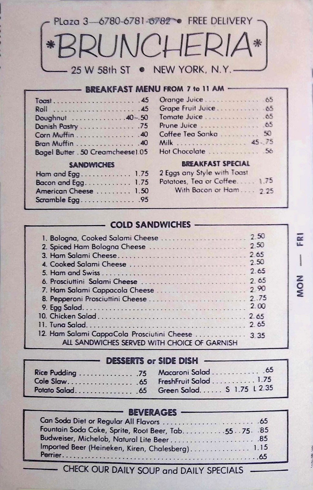 1950s Bruncheria Menu w/ Handwritten Specials Chef Illus Diner Americana
