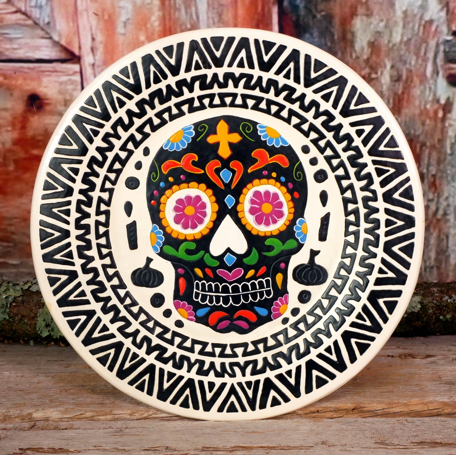 Handmade Sugar Skull Lacquer Day of the Dead Wood Plate Olinalá Mexican Folk Art