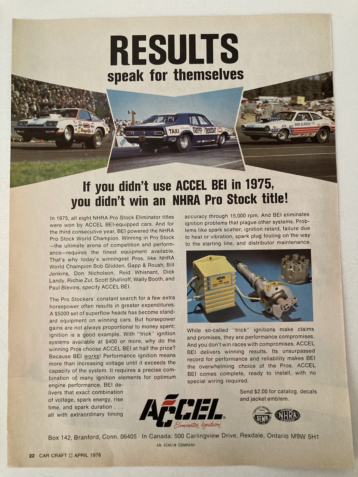 1976 Accel BEI Print Ad Results Speak For Themselves NHRA Pro Stock Title