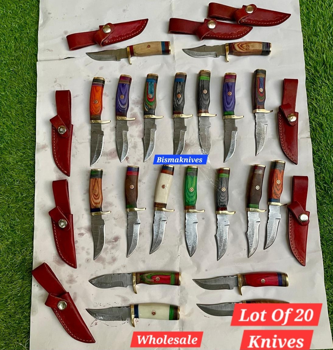 WHOLESALE LOT OF 20 CUSTOM HANDMADE DAMASCUS STEEL SKINNER KNIVES WITH SHEATH