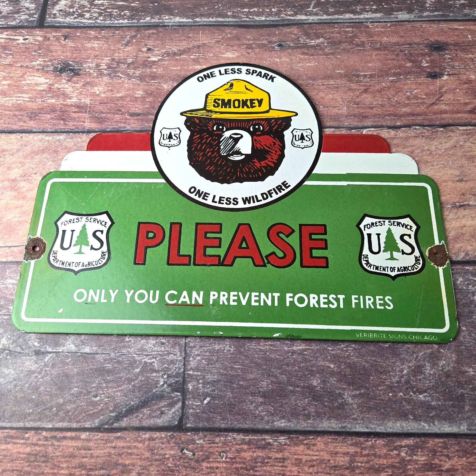 Vintage Forest Service Sign - Smokey Bear Please Prevent Gas Porcelain Sign