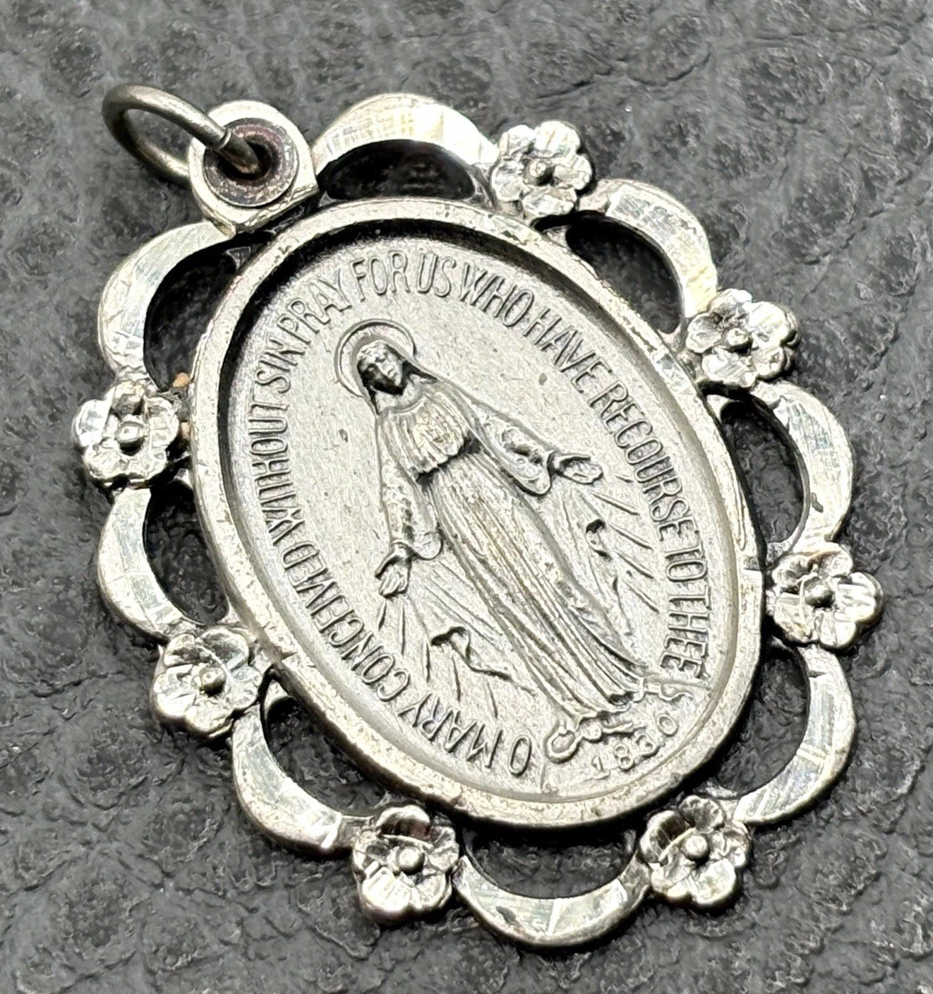 Vintage Sterling Silver 925 Miraculous Medal Mary Pendant Ornate Floral Frame