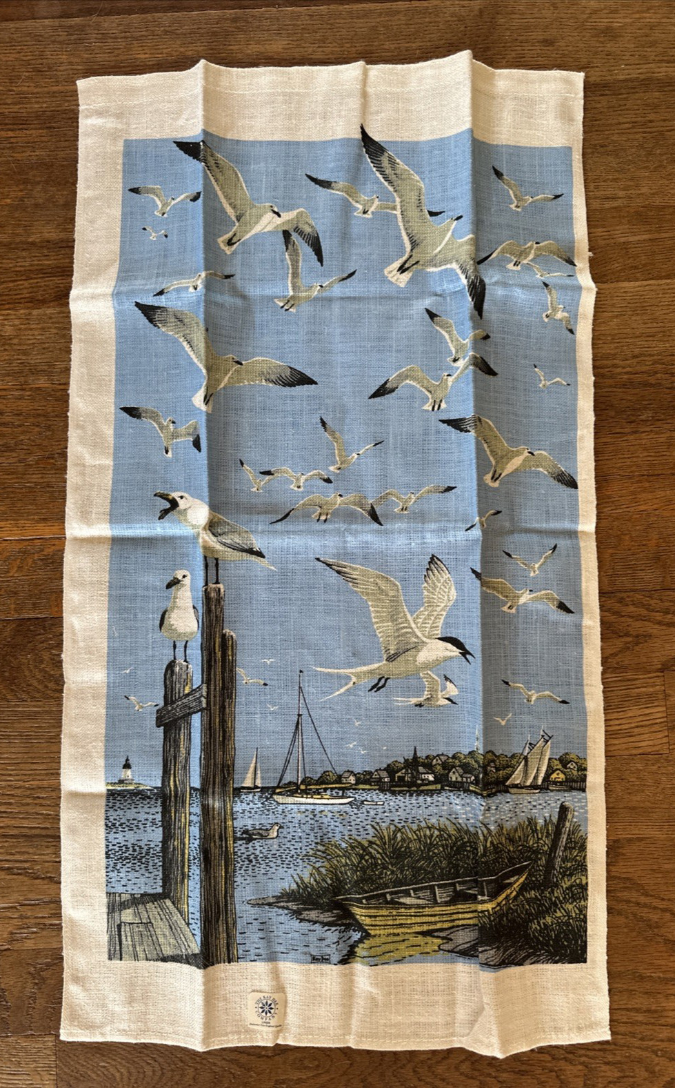 Vintage NOS Kay Dee Linen Tea Kitchen Towel - Sea Gulls Sail Boats Harbor Scene