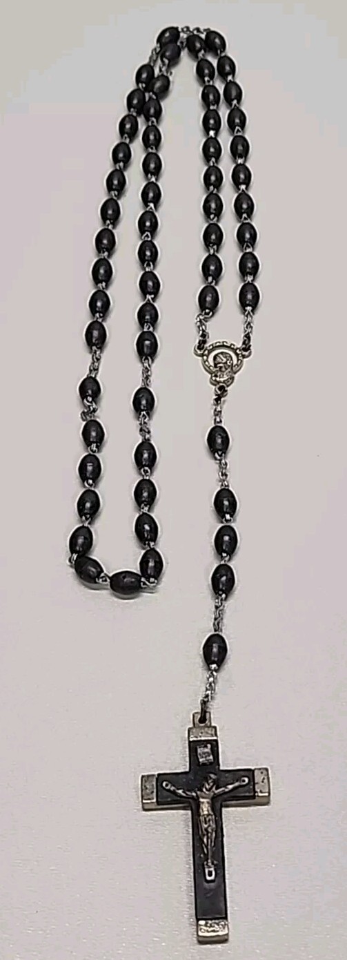 Vintage Grey Wood Beaded ROSARY With Holy Cross Cucifix JESUS CHRIST Savior
