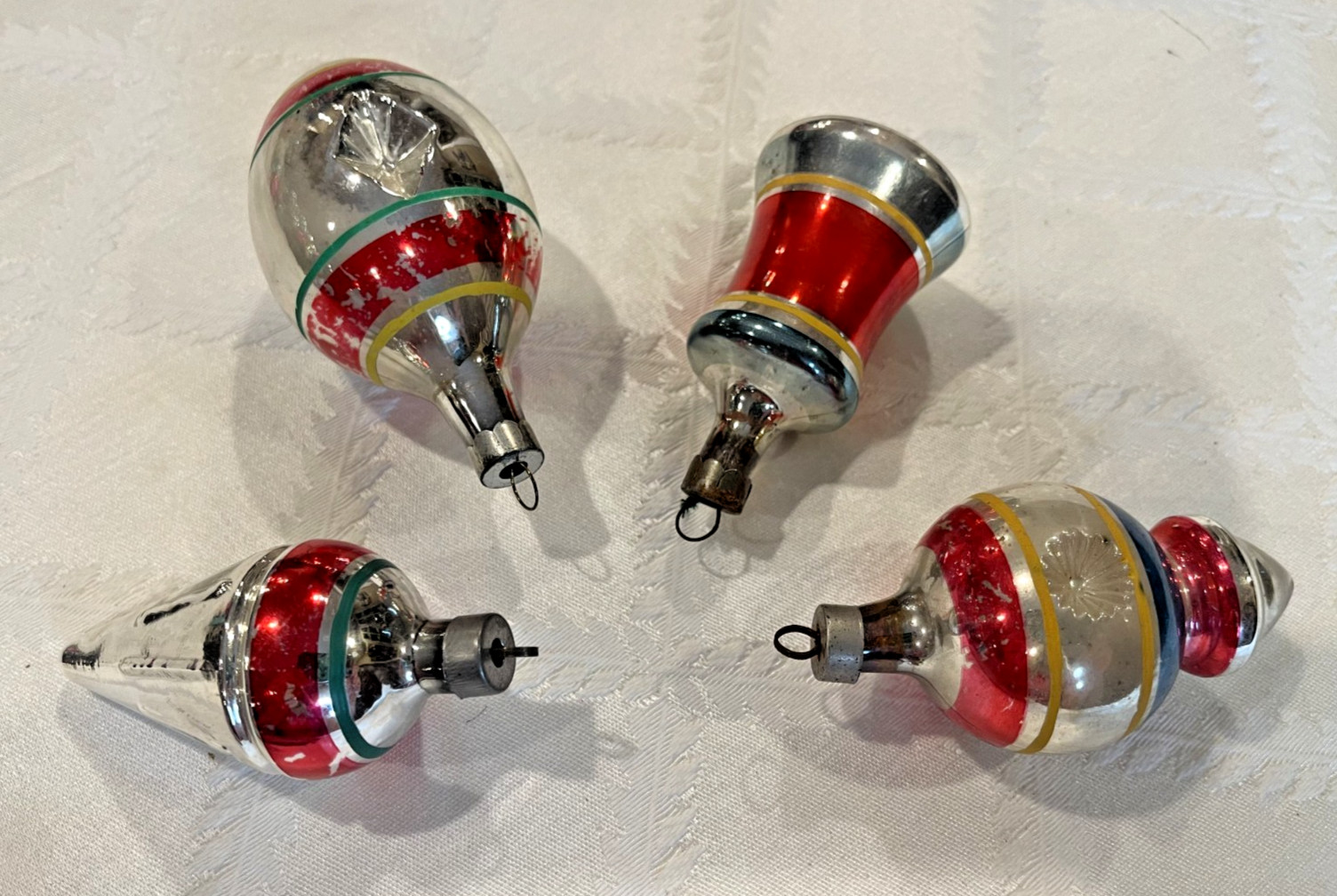 4 Vintage Premier Christmas Ornaments Torpedo, Teardrop, Bell, Spear, dbl Indent