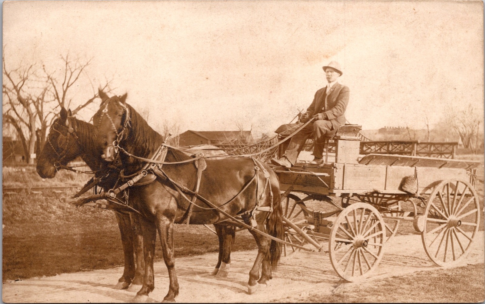 RPPC Man with Horse Drawn Wagon Real Photo Postcard Early 1900s Rural Farm Scene