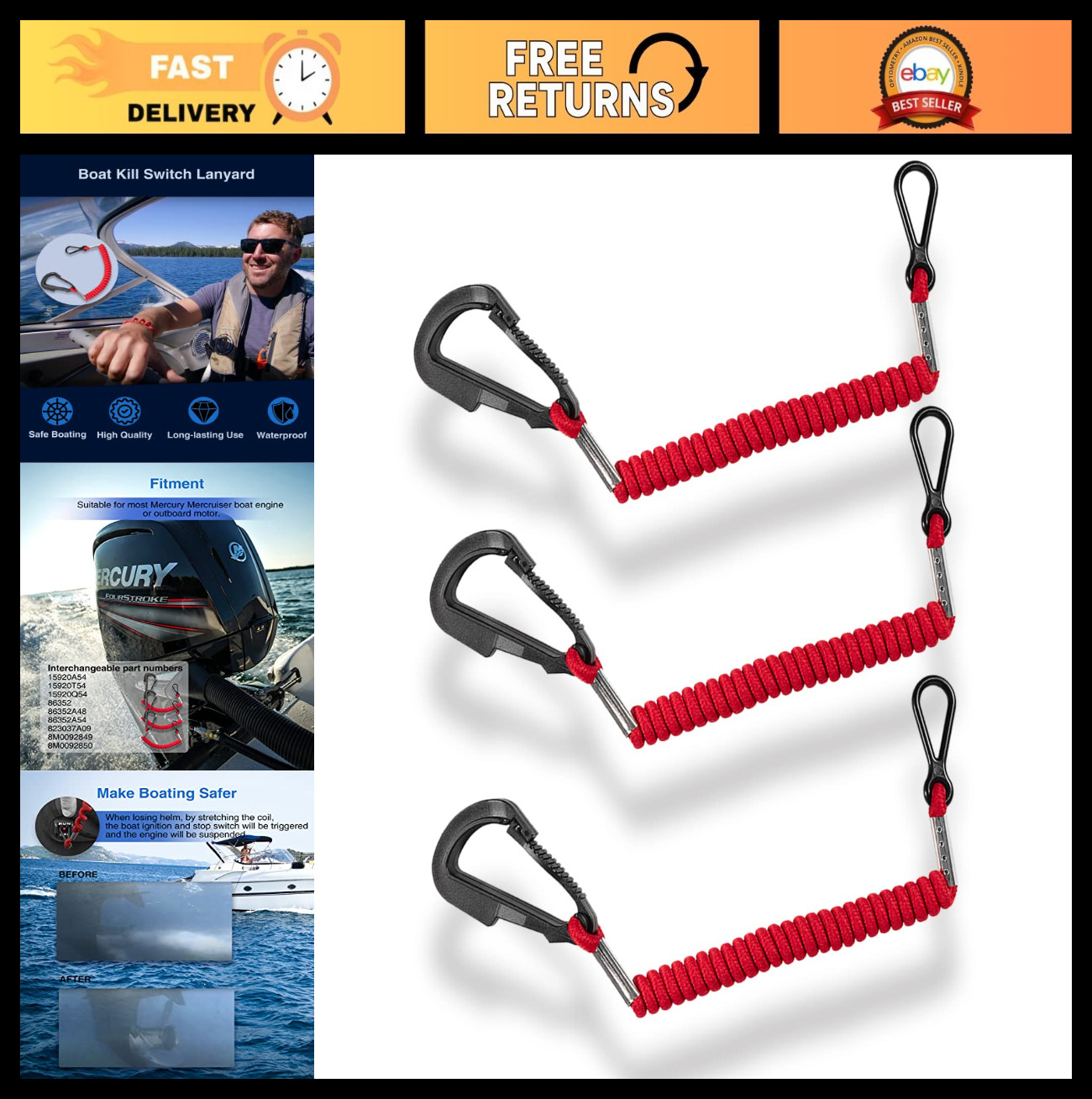 8M0092849 Boat Kill Switch Lanyard - [3 PCS] Boat Engine Emergency Stop Switch,