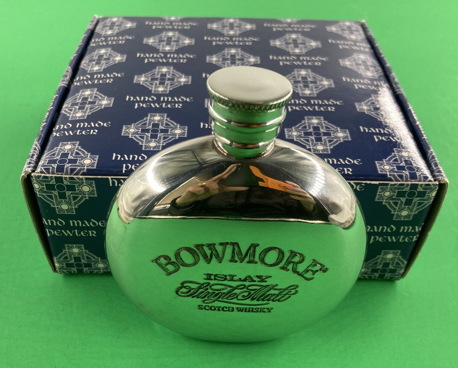 Rare Vintage Bowmore Islay Single Malt Scotch Whisky Round Hip Flask Pewter UK