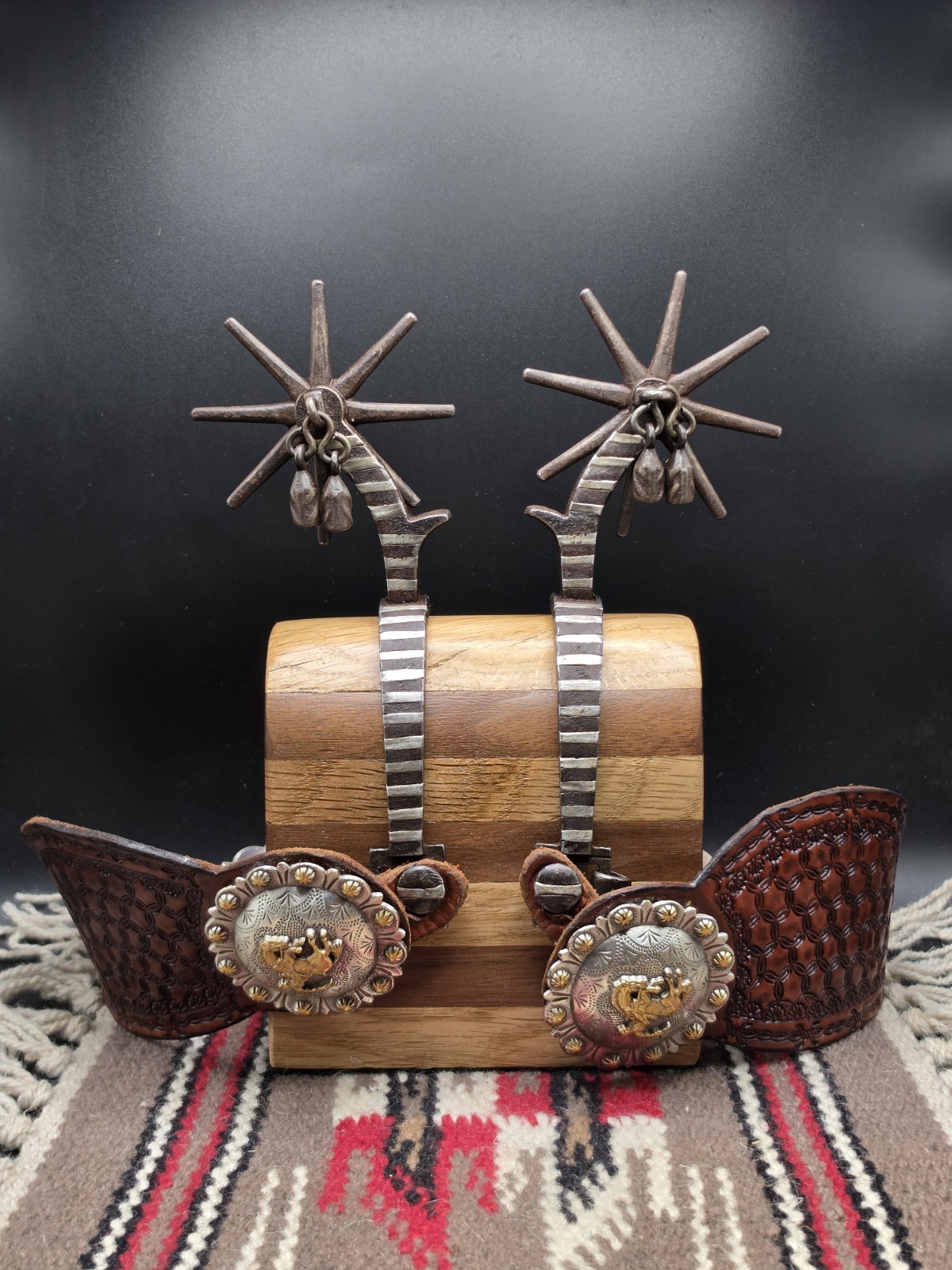 Antique Spanish Style Spurs With Jingle Bobs, Heel Chains And Spur Straps