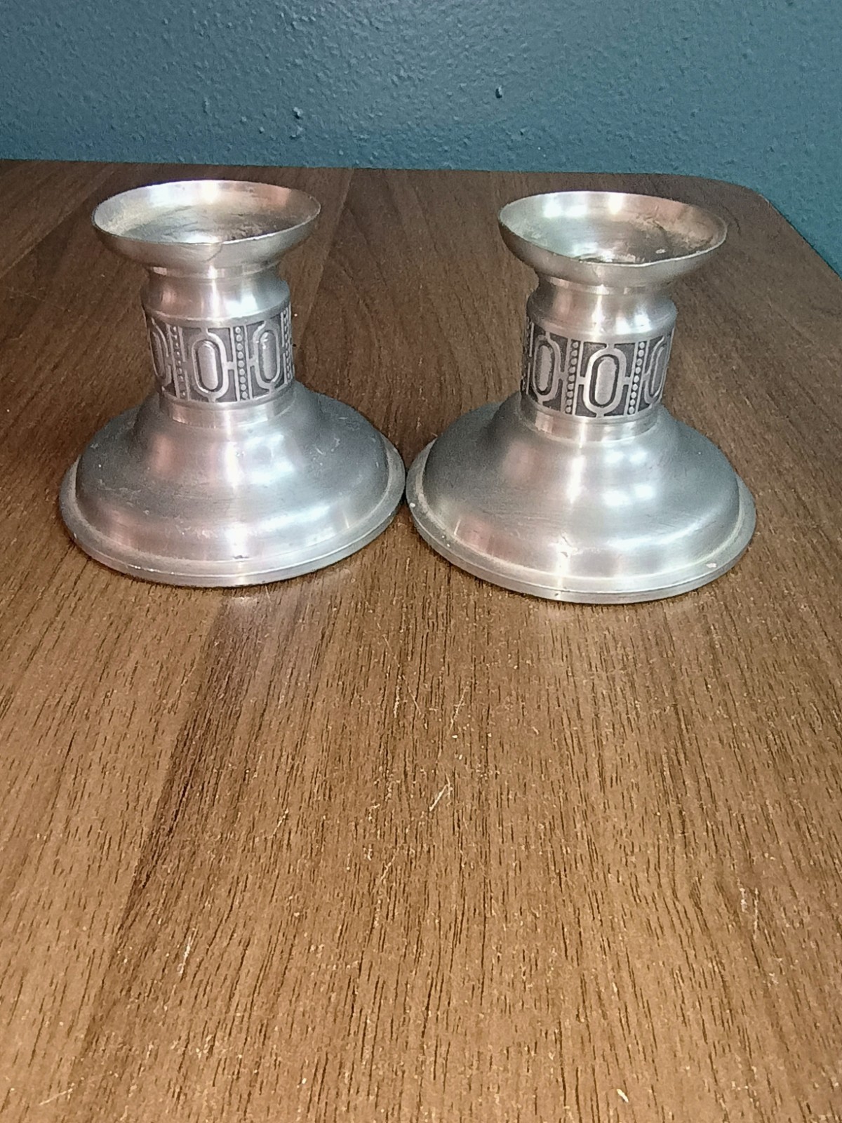 Vintage Pair Norway Pewter Candlesticks Geometric Viking Band MCM Candle Holders