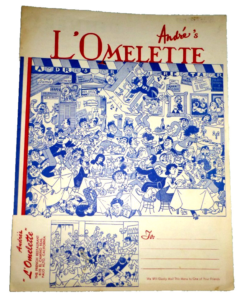 MENU w/ TODAYS SPECIAL ANDRE'S L'OMELETTE FRENCH RESTAURANT PALO ALTO CA 1954