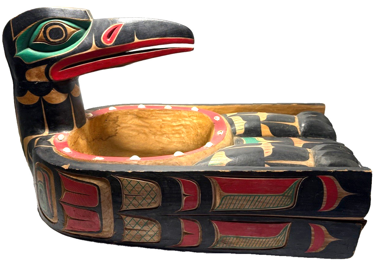 RANDY STIGLITZ VINTAGE NORTHWEST COAST CANADA RAVEN CARVED WOOD GREASE BOWL