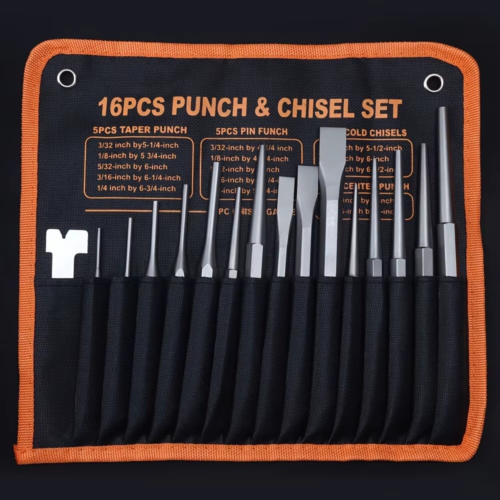 16-Piece Punch & Chisel Set CR-V Steel 54-58HRC with Carry Pouch