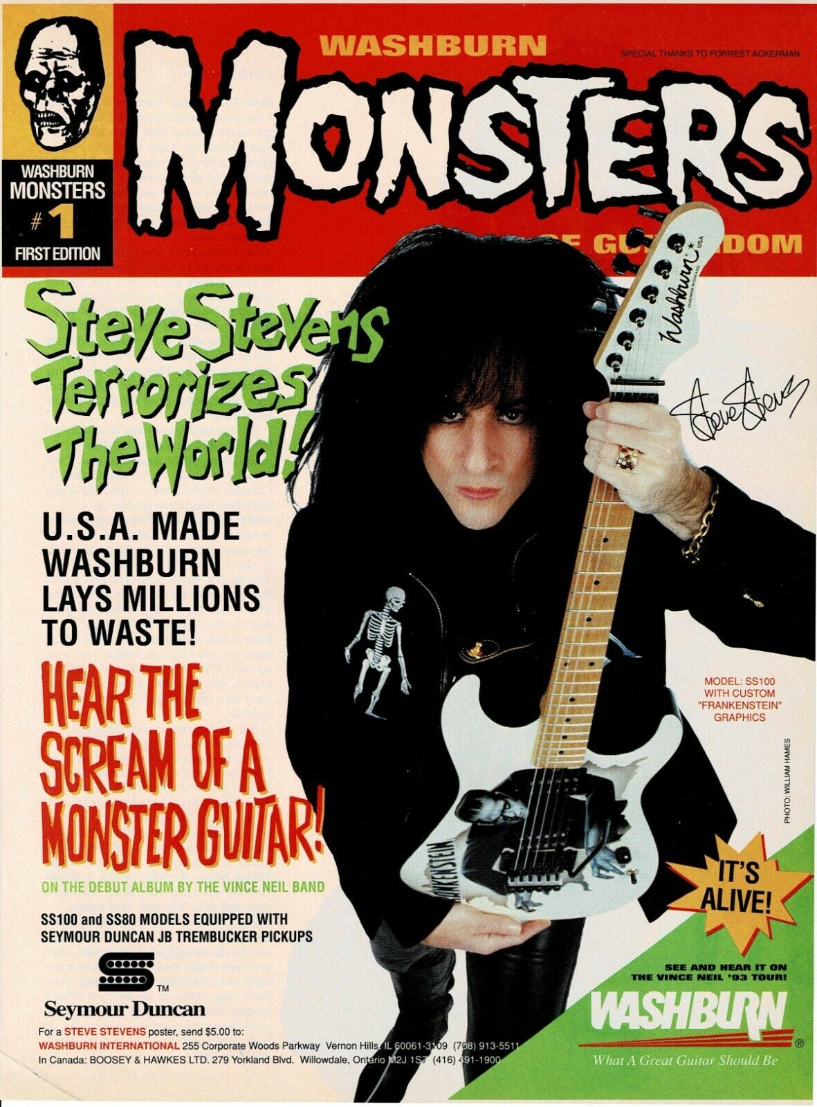 Steve Stevens of Billy Idol -Washburn Guitars -Monster- 1993 Print Advertisement