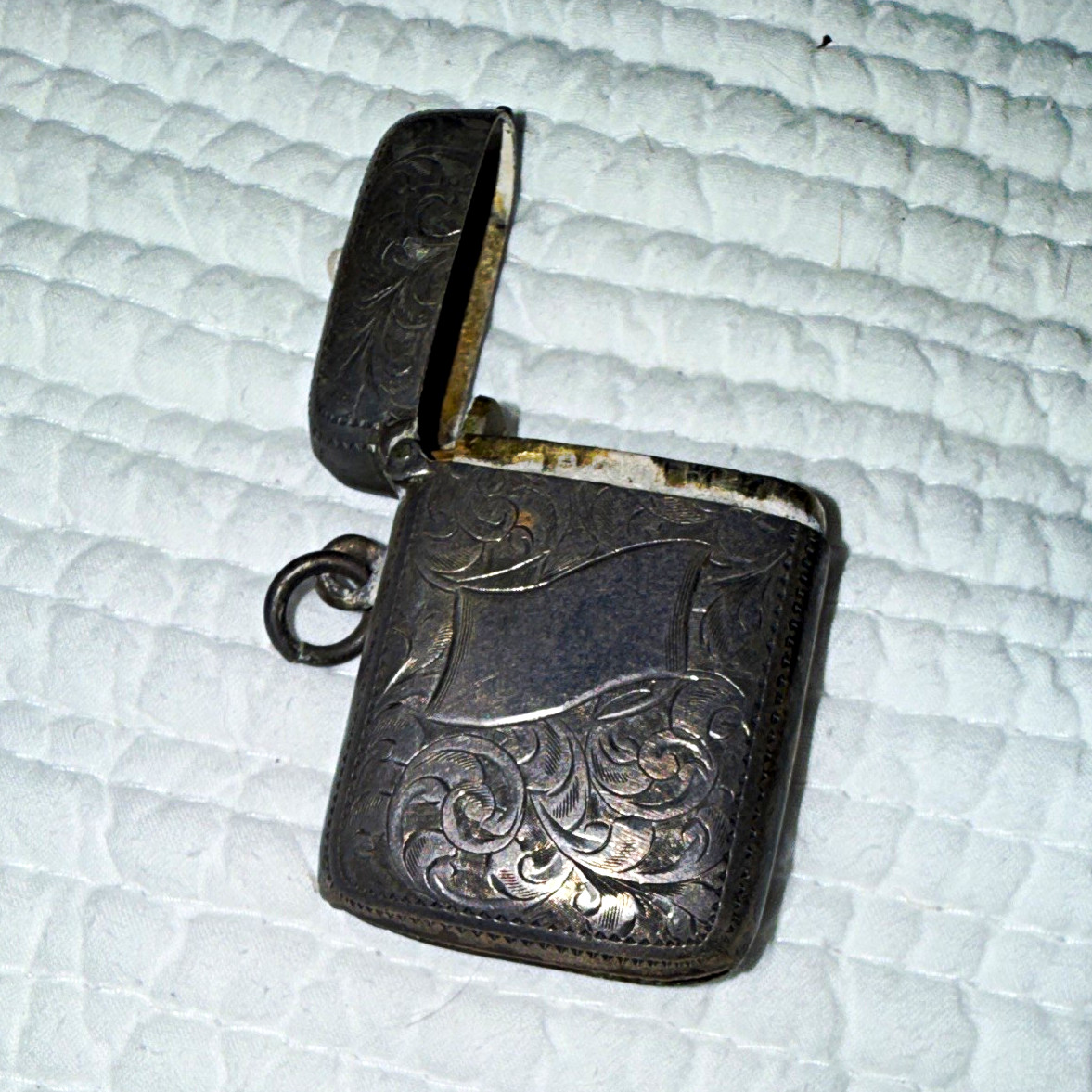 Antique Victorian Silver Plated Vesta Case Match Safe Ornate Scroll Engraved No