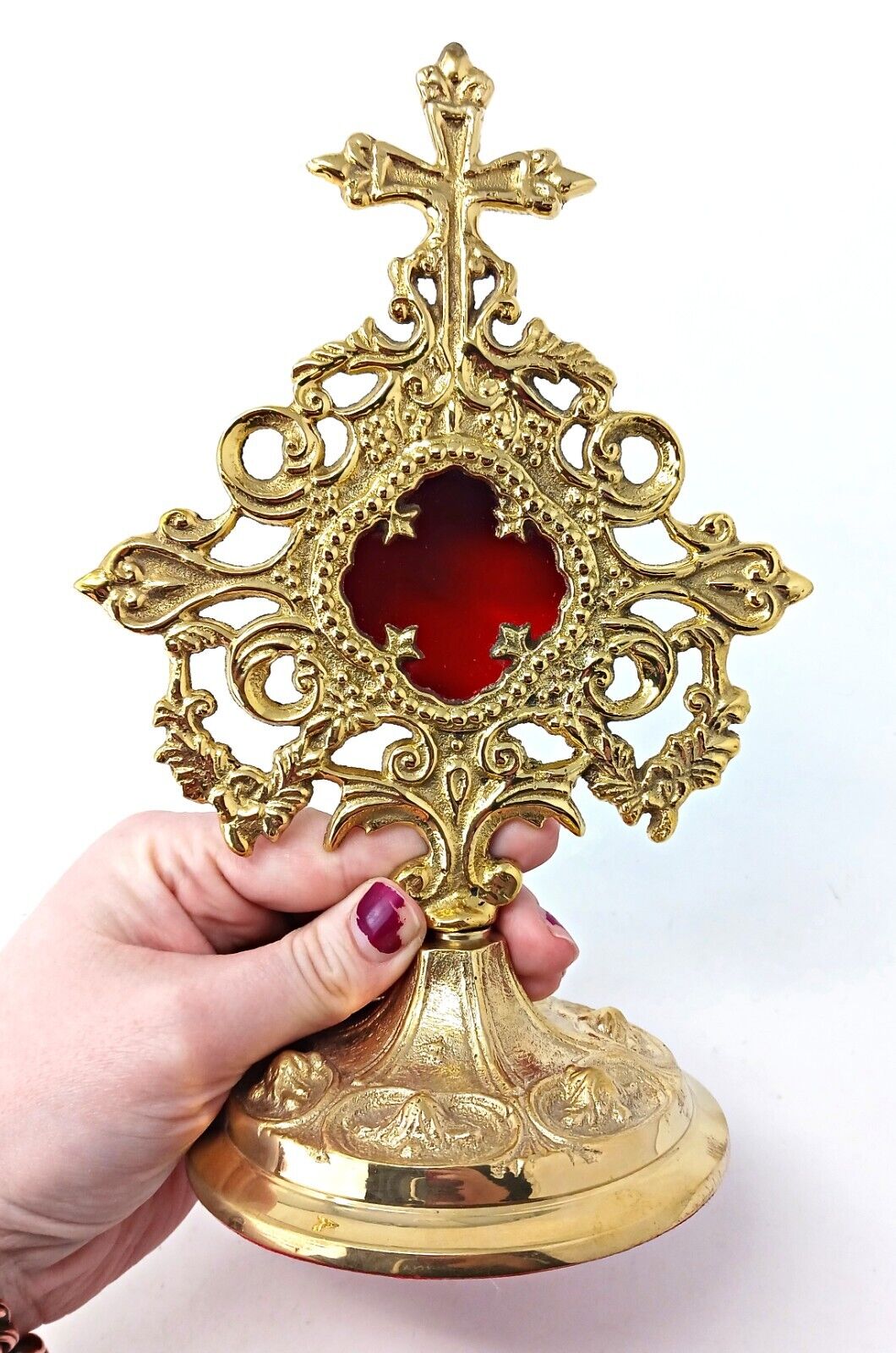 High Polished Brass Ornate Cross Topped Vine Reliquary for Church Use 9 In