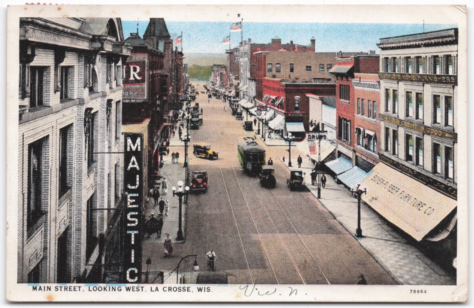 Vintage Main Street La Crosse Wisconsin Postcard - Majestic Theatre Trolley 1928