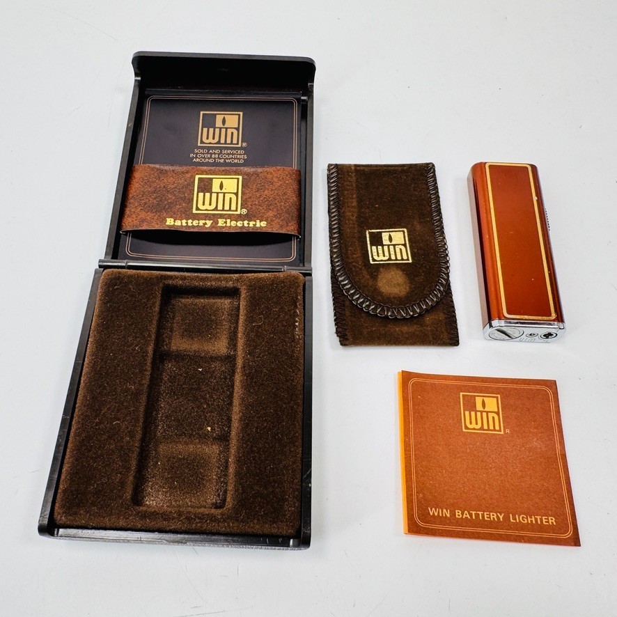 Vintage 70s WIN Battery Electric Lighter Gold Red Inlay Box Pouch - FOR PARTS