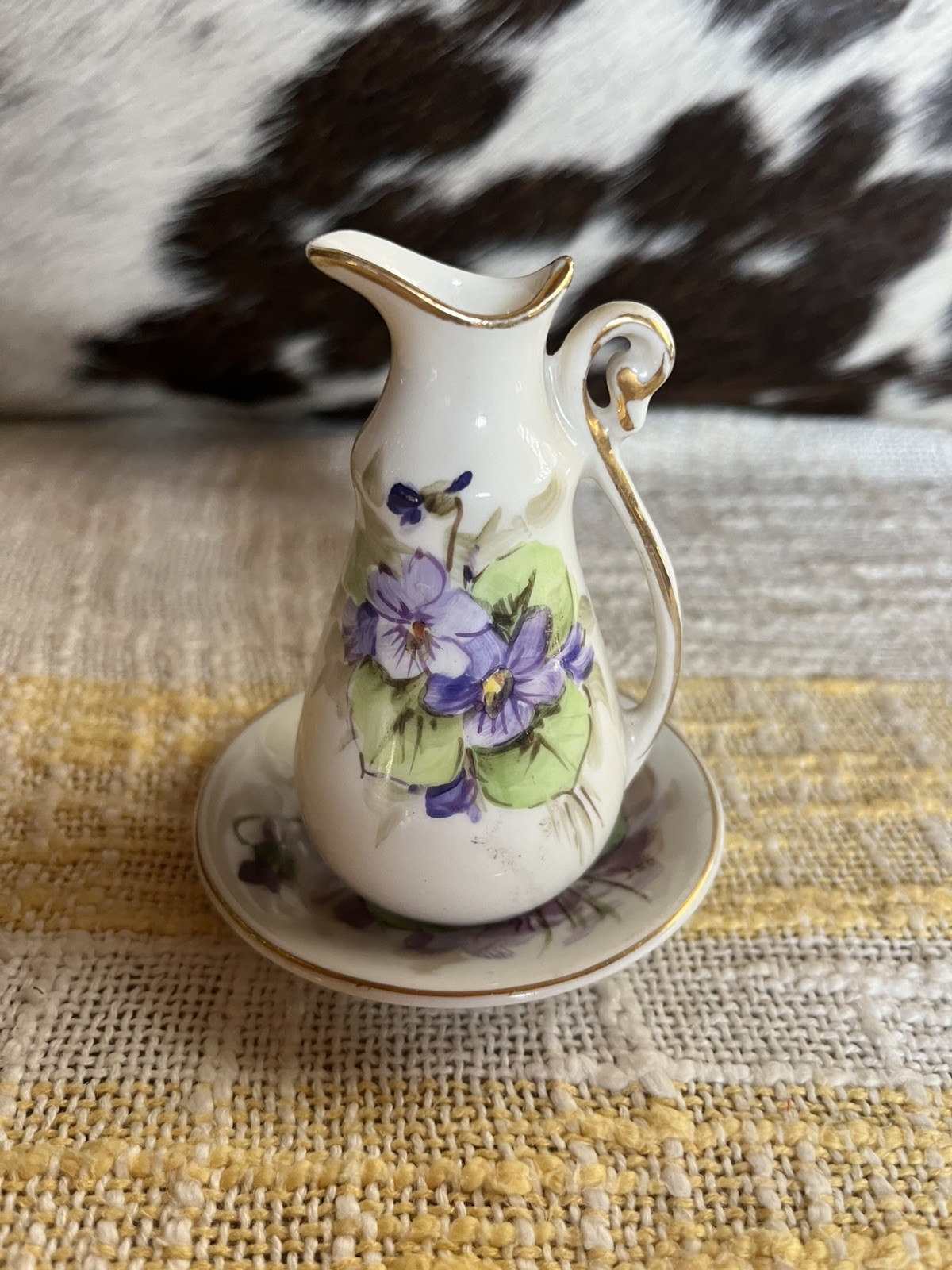 Vintage Hand Painted Weisley Ewer Vase Pitcher Ceramic Purple Flowers Spring