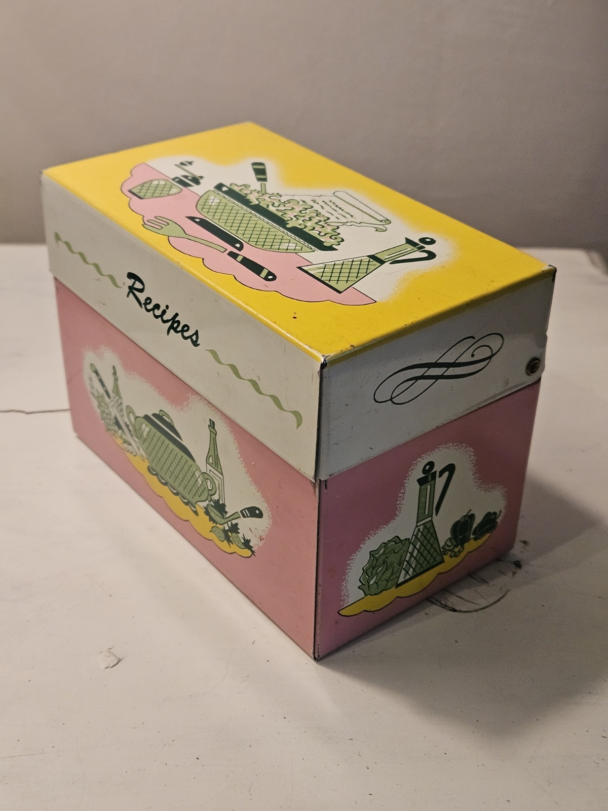 Vintage *Ohio Art Co.* MCM Metal Recipe Box - Pink Green Yellow - U.S.A.