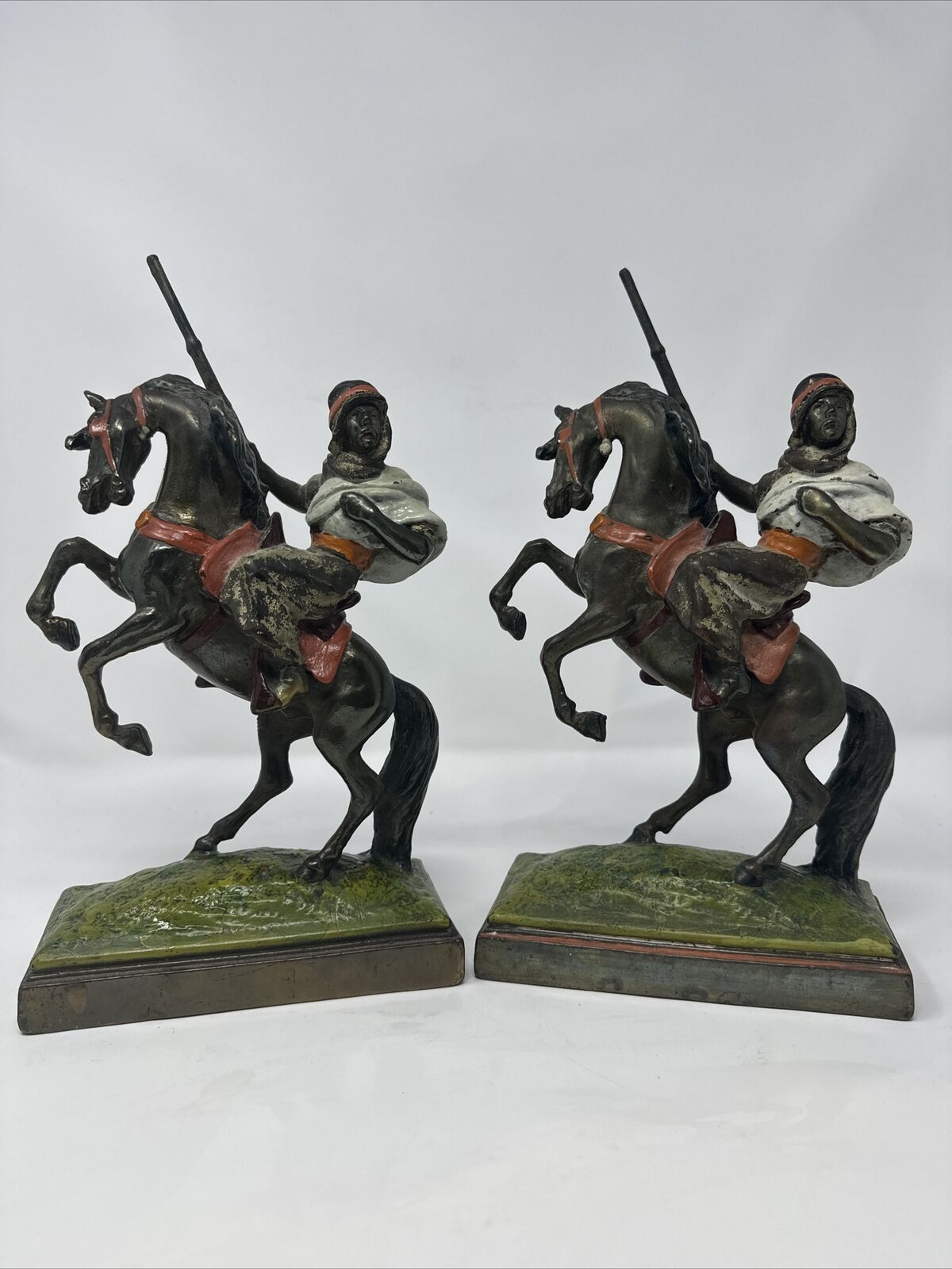2 Vtg Paul Herzel Bronze Arabians On Horseback Sculpture Bookends