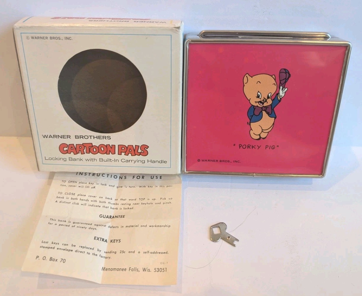 NOS Vtg 1970s Warner Bros Porky Pig Bank Gerett Mesa Federal Savings CO w/ Key