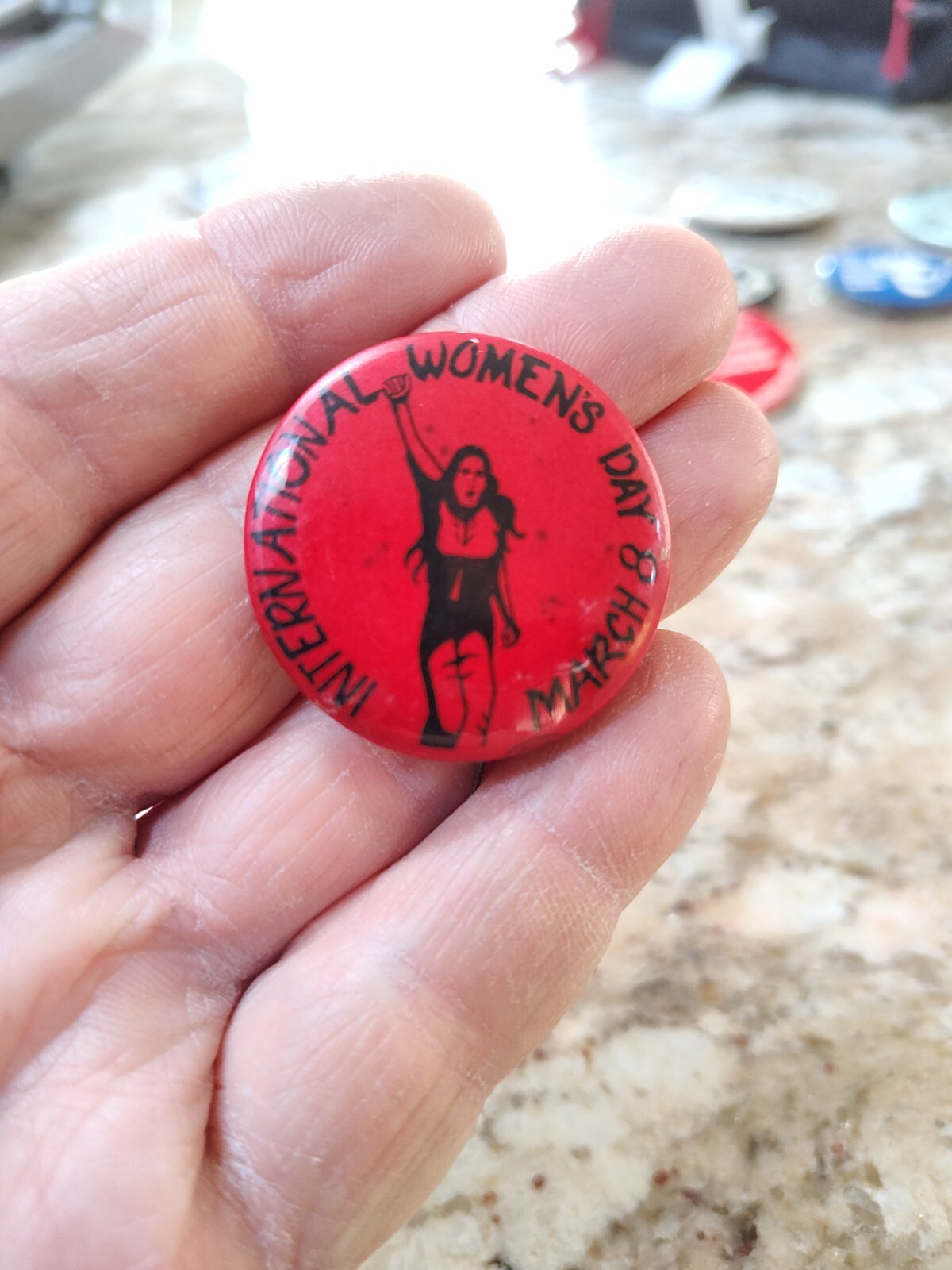 Vtg 70s 1975 International Women's Day March 8 Button Pin Cause Social injustice