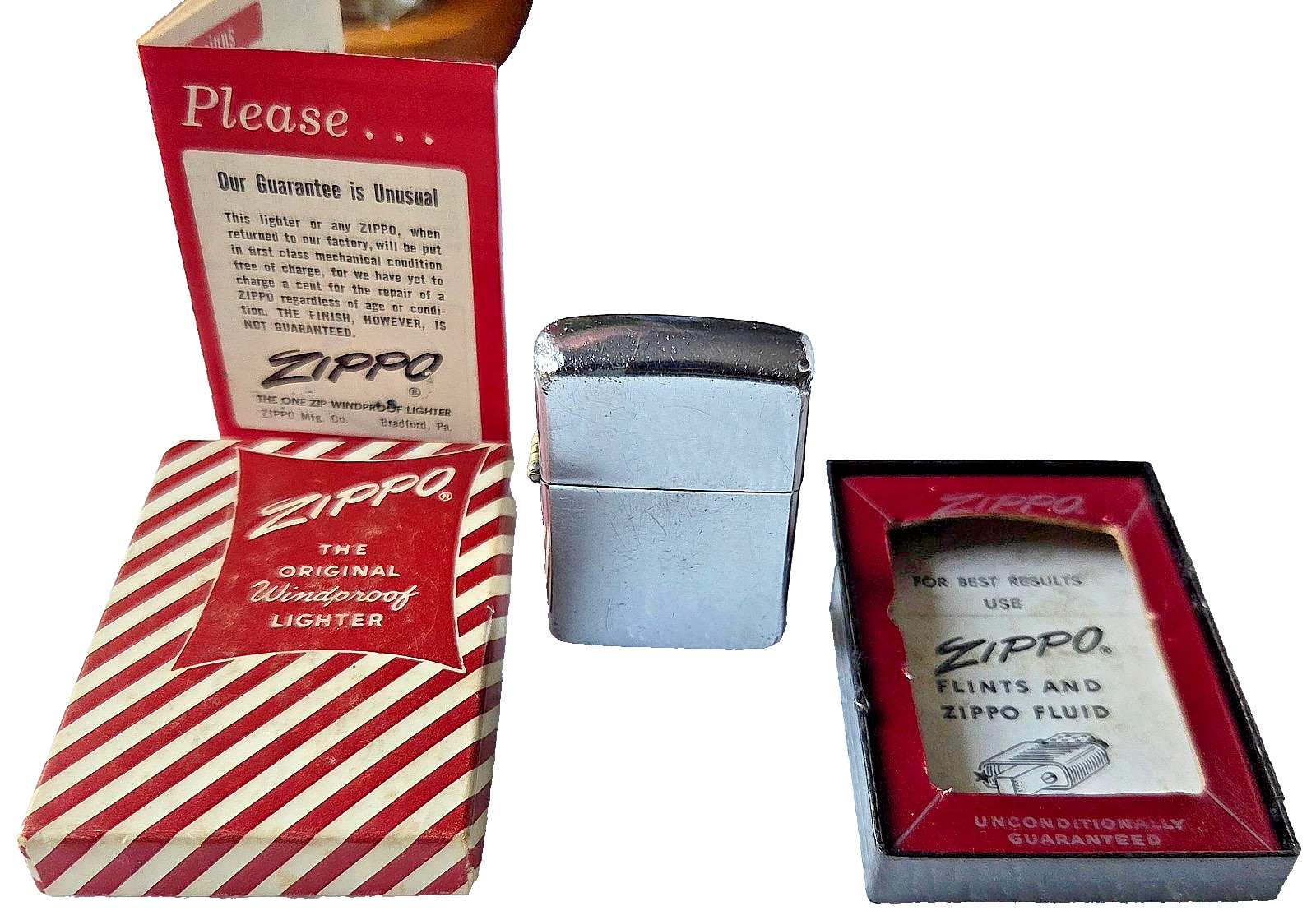 Vintage 1967 Zippo Lighter Plain Chrome w/ Rare 1950s Candy Stripe Box & Paper