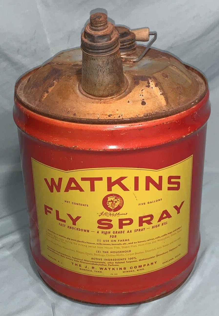 R.J. Watkins Fly Spray Advertising Metal 5 Gallon Can Container Minnesota VNT