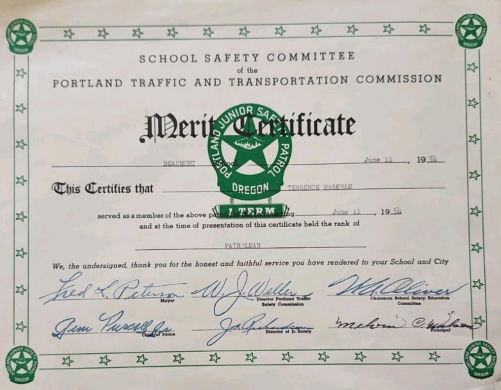 1954 Portland Oregon Junior Safety Patrol Merit Certificate Beaumont Ephemera 