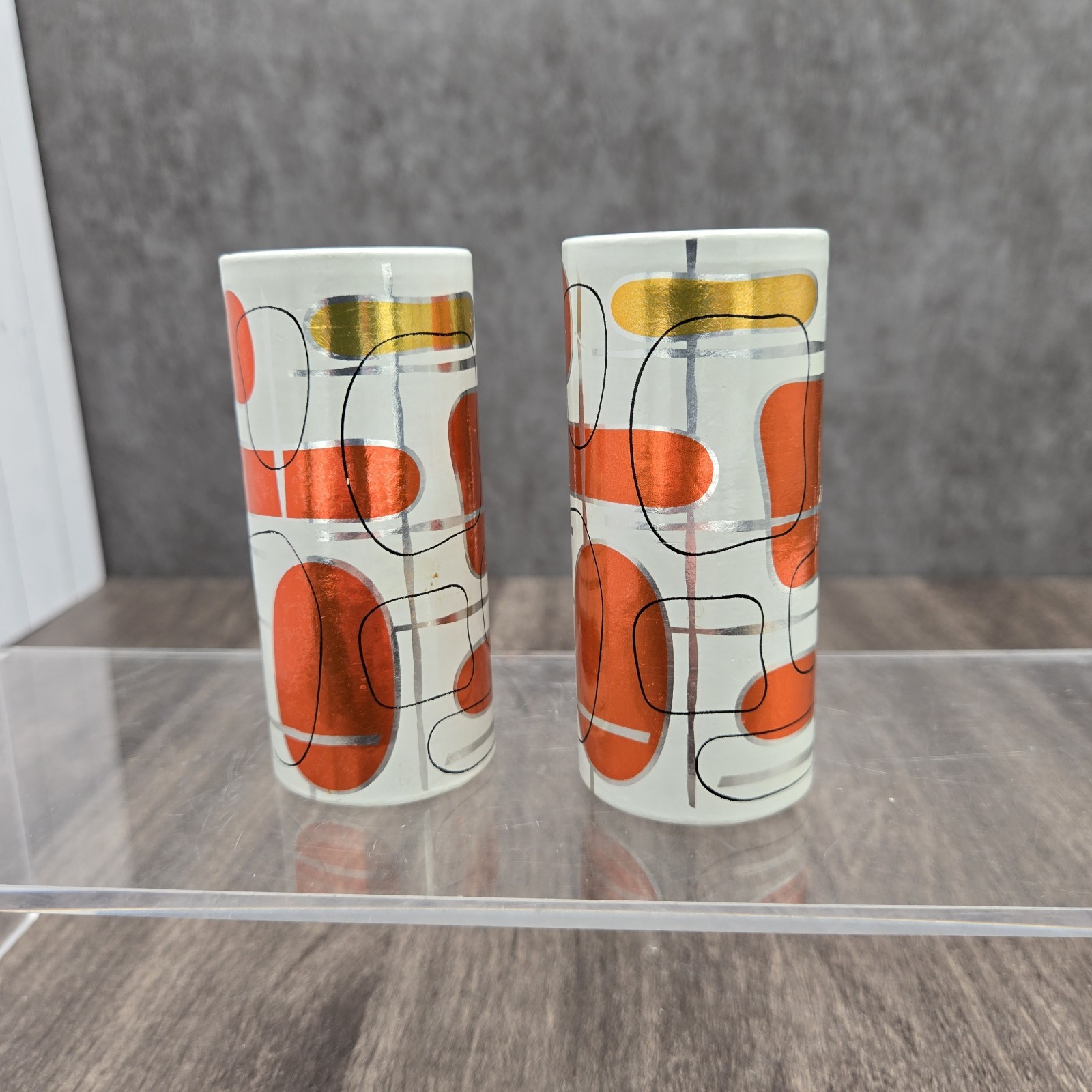 Vintage MCM Morton Salt Pepper Shakers Orange Gold Abstract Mid Century Modern