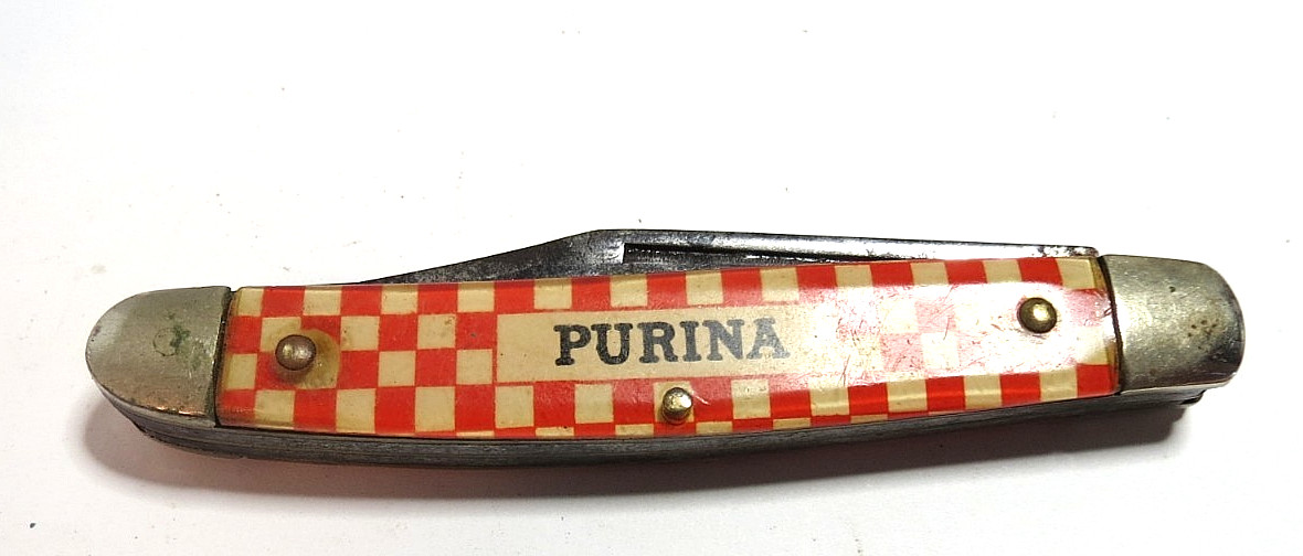 VTG PURINA ADVERTISING 3 BLADES FOLDING POCKET KNIFE USED WITH RUST