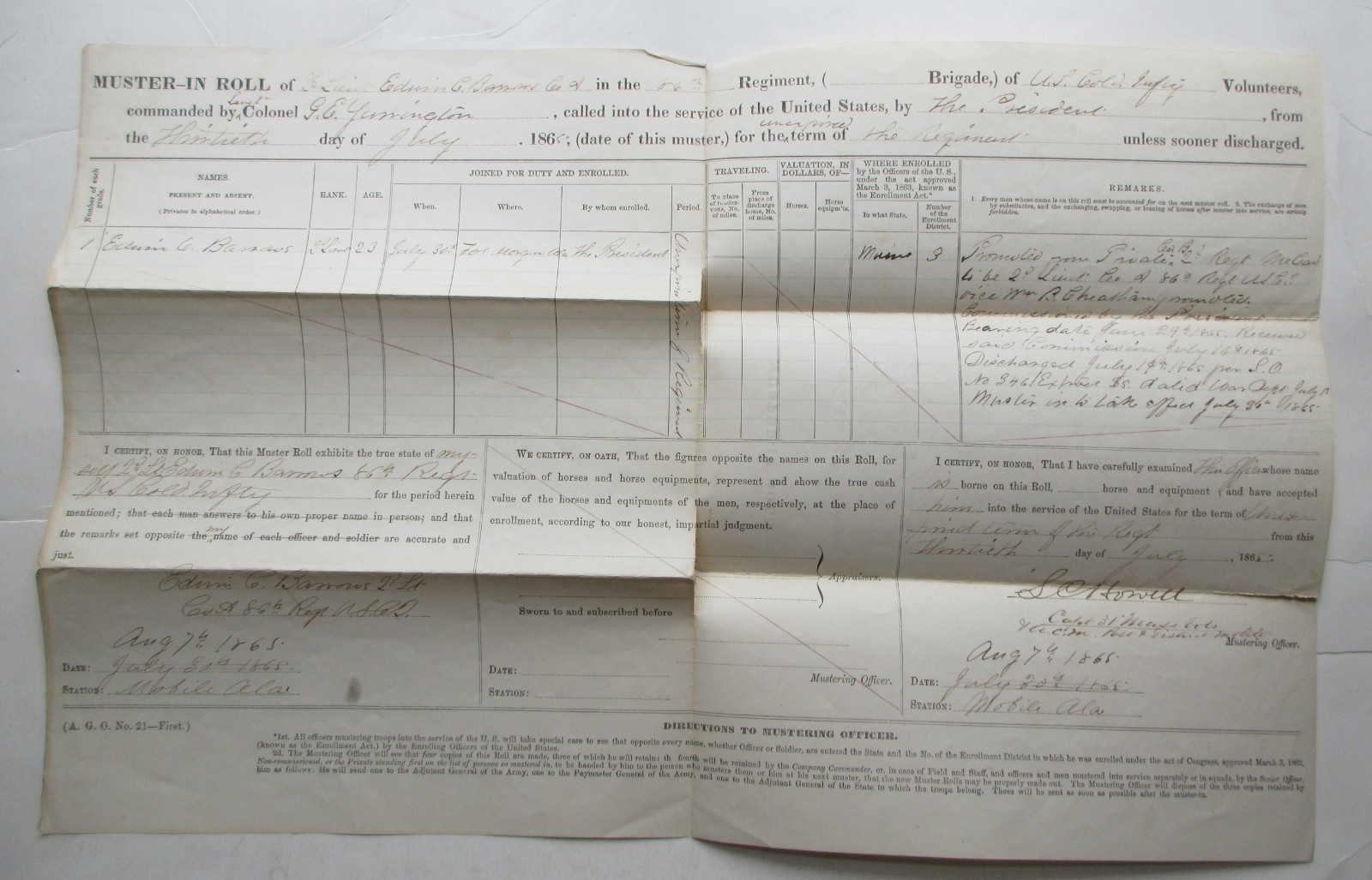 1865 Civil War Muster in Roll document: U.S. Colored Infantry