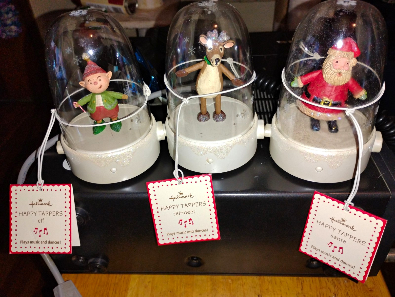 Hallmark Happy Tappers Musical Animated Santa Elf Reindeer Dome Figurines 3pk