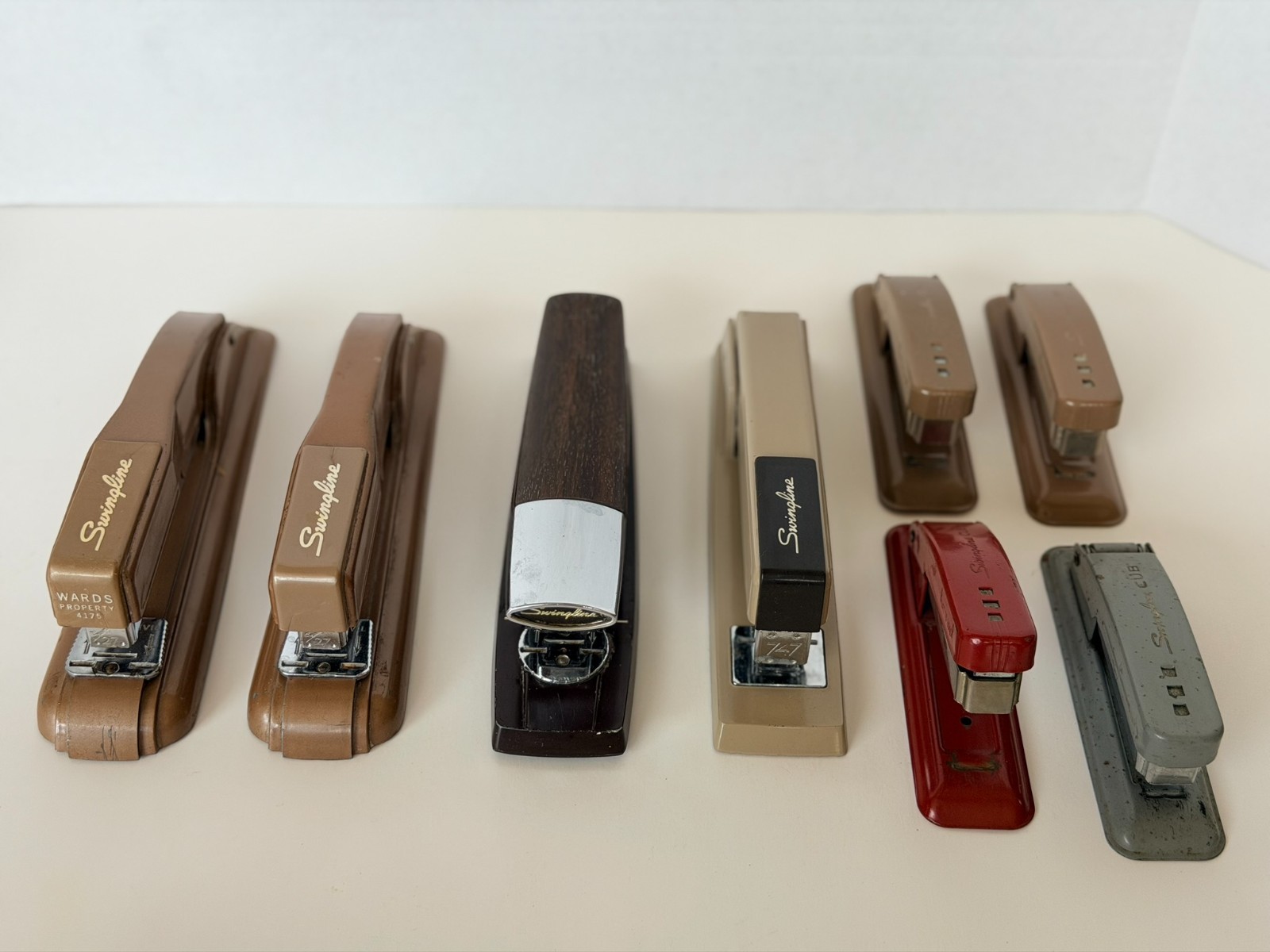 Lot of 8 Vintage Swingline Staplers - Cub, 747, Wood Grain, Wards Property