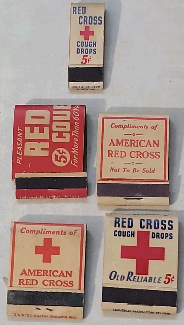5 Vintage Red Cross Matchbooks Red Cross Cough Drops Unused Unstruck 