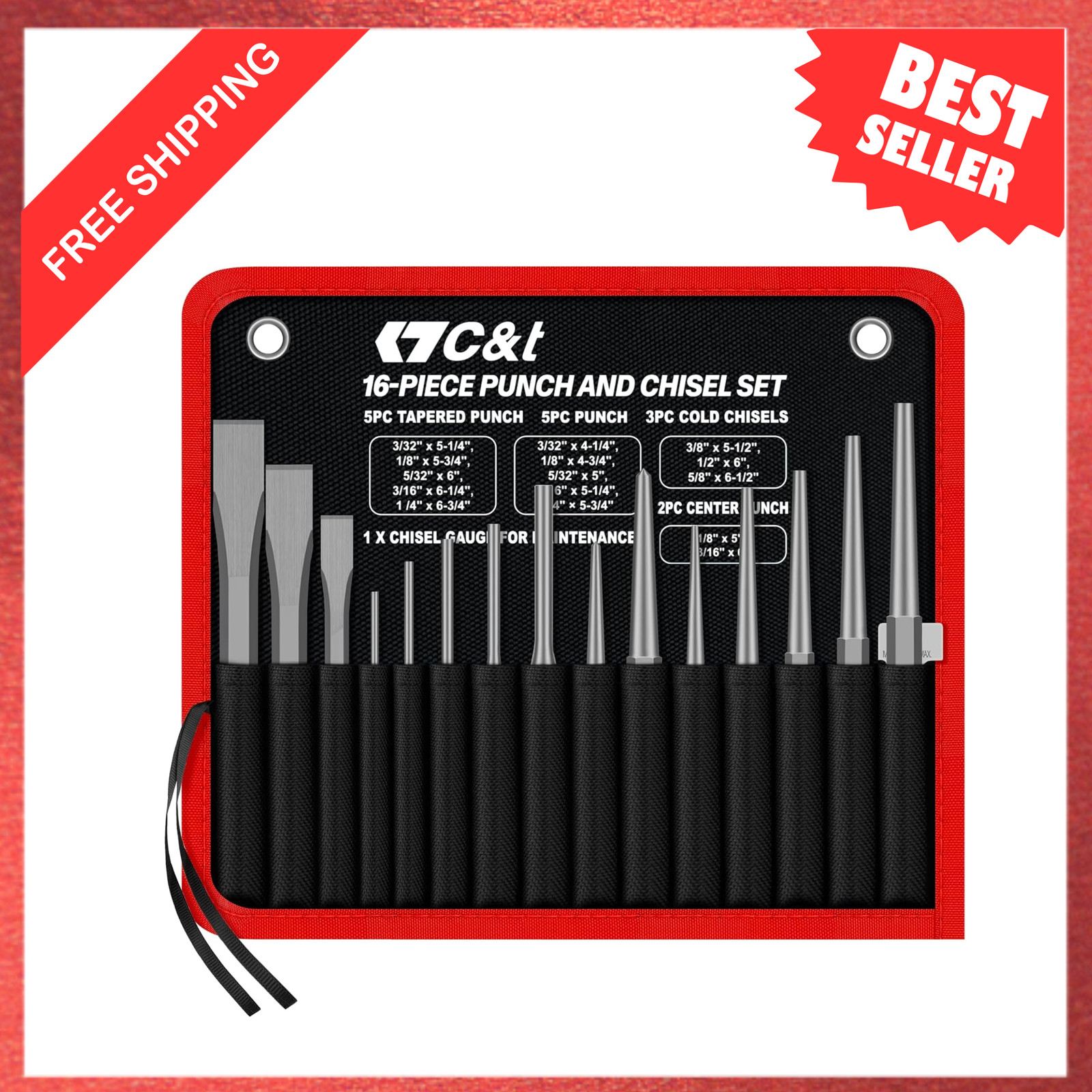 16-Piece Punch and Chisel Set with Storage Pouch, Chrome Vanadium Steel, Home