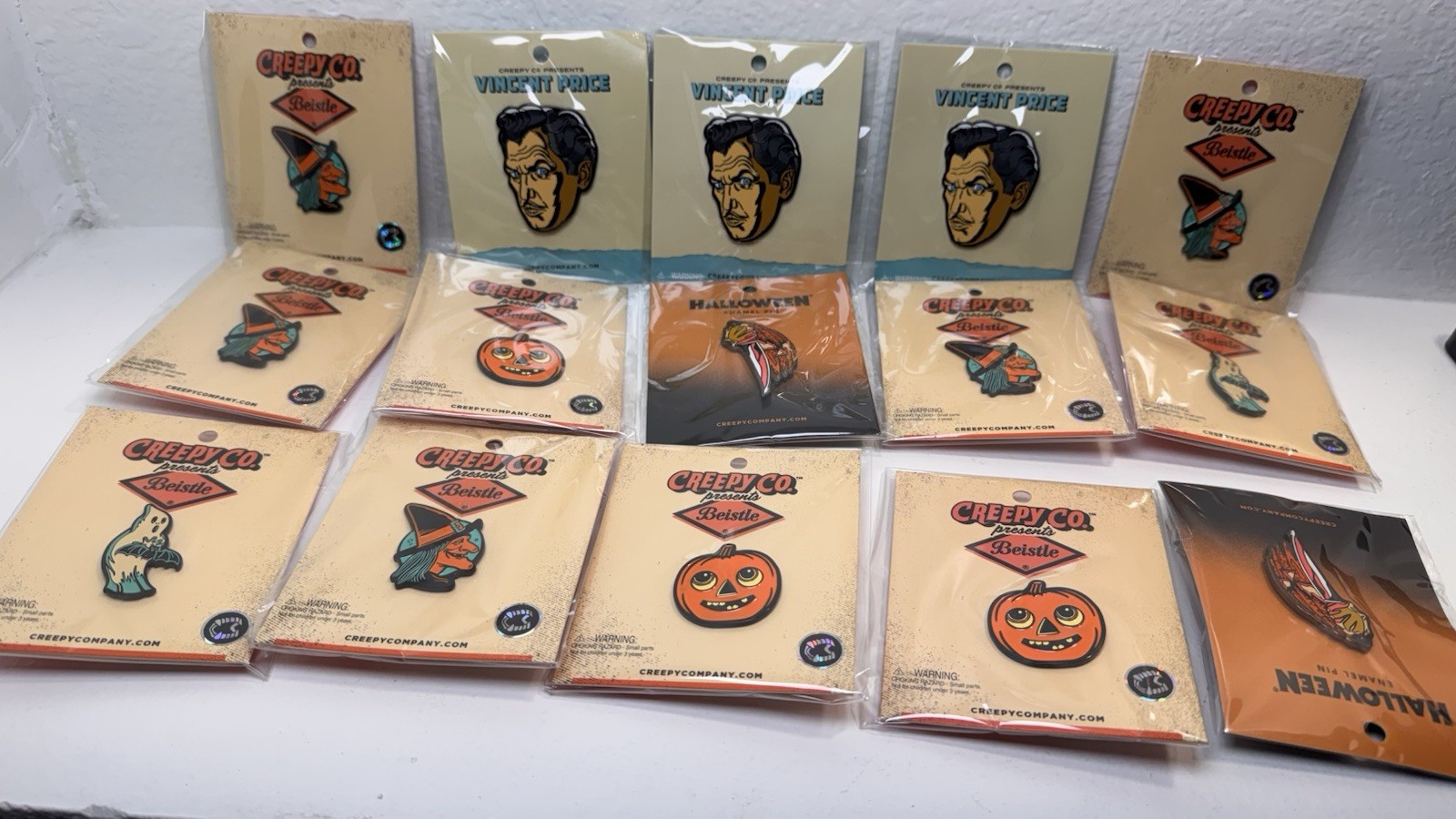 Creepy Co Halloween Enamel Pin Lot of 15 Beistle Vincent Price New On Card