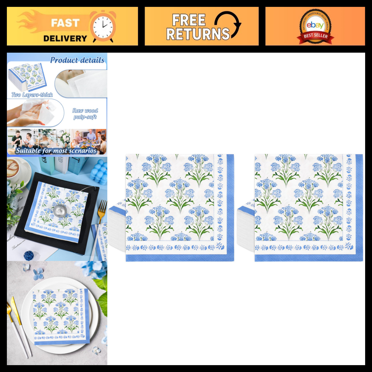 100Pcs Watercolor Floral Paper Napkins - Blue Hydrangea Disposable Party Supplie