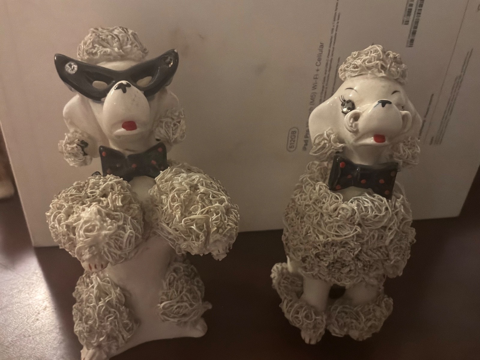 Vintage MCM Spaghetti Poodle Figurine Pair Rhinestone Masquerade Mask Japan 1950