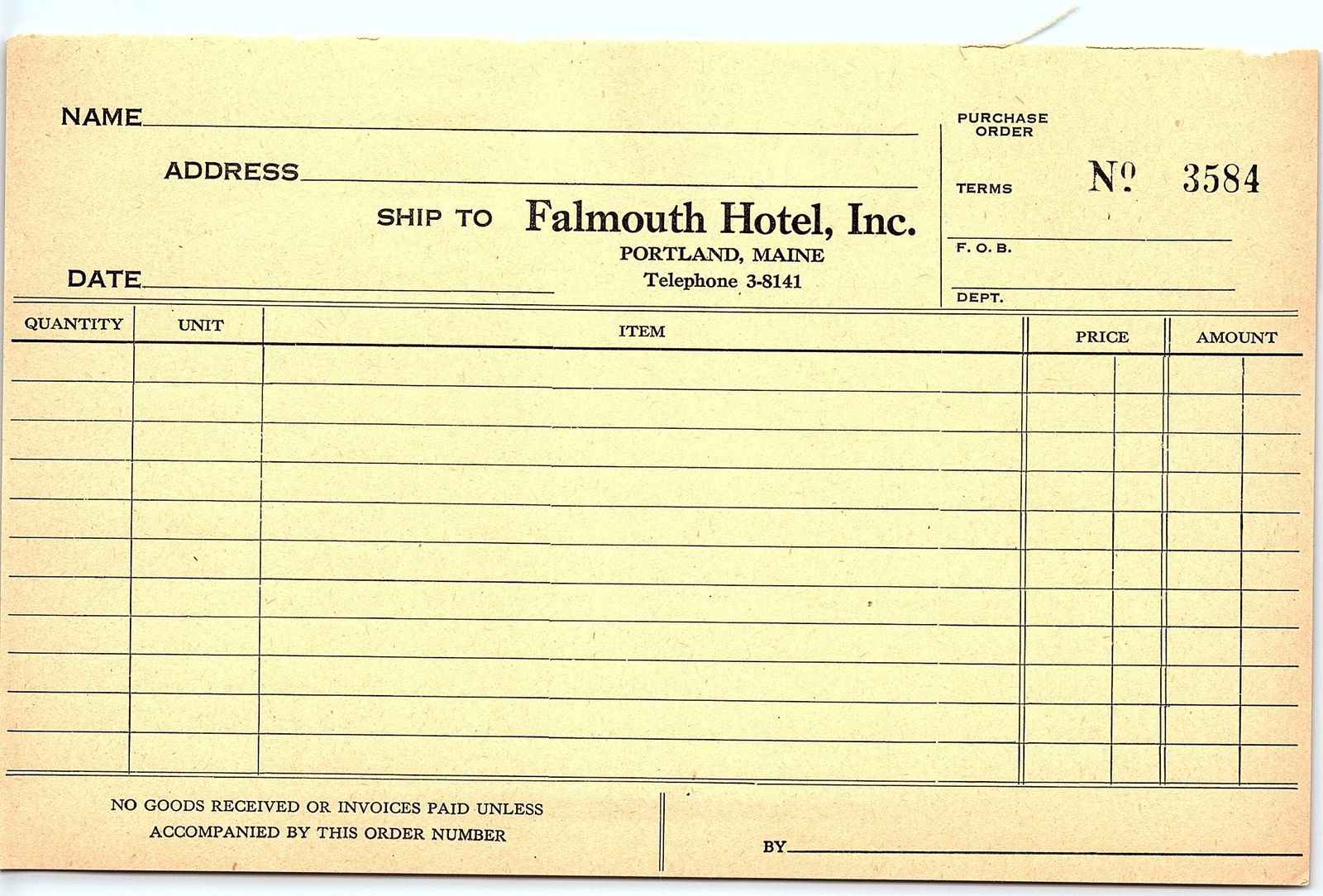 Vintage Blank Purchase Order Falmouth Hotel Portland ME