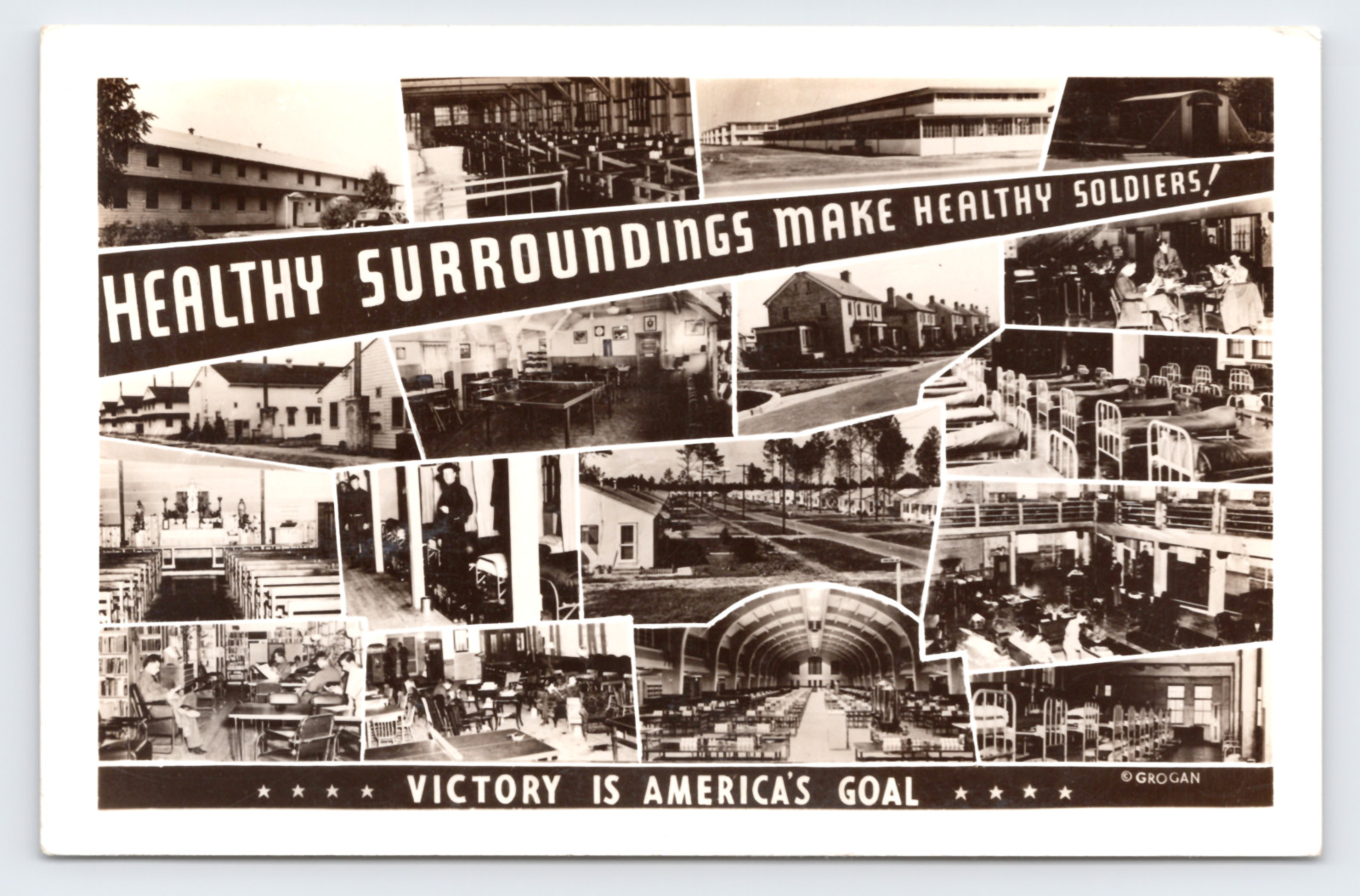 c1943 Healthy Surroundings Soldiers RPPC Military Camp Barracks Hospital WWII
