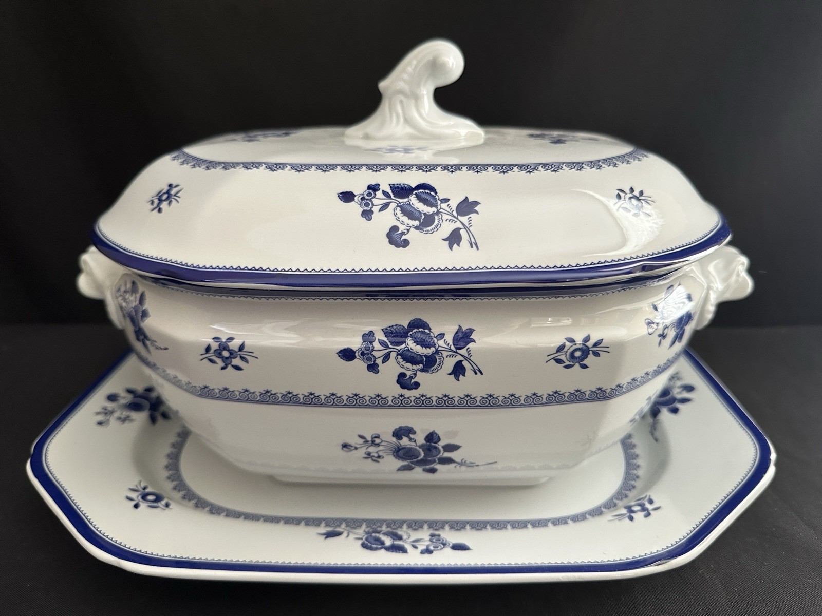COPELAND SPODE GLOUCESTER BLUE FLOWER SOUP TUREEN & LID & UNDERPLATE STONEWARE