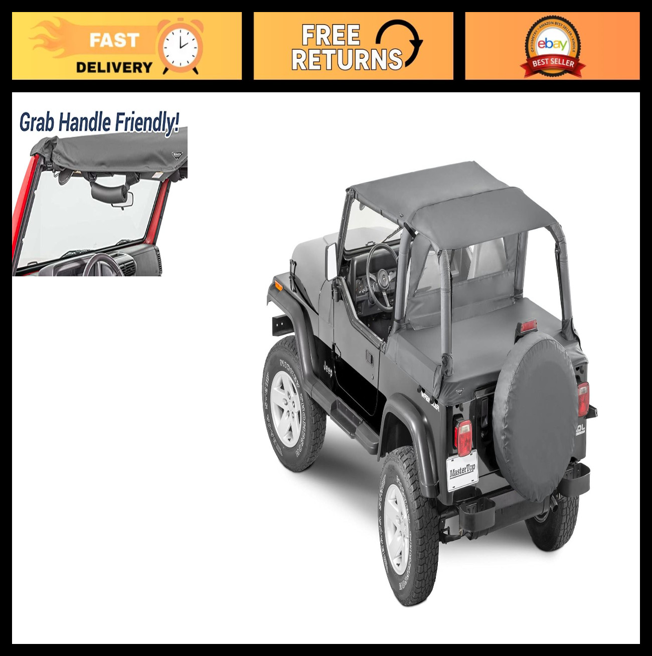 MasterTop Bimini Summer Soft Top, Black Diamond - Fits Jeep Wrangler YJ 1992-199