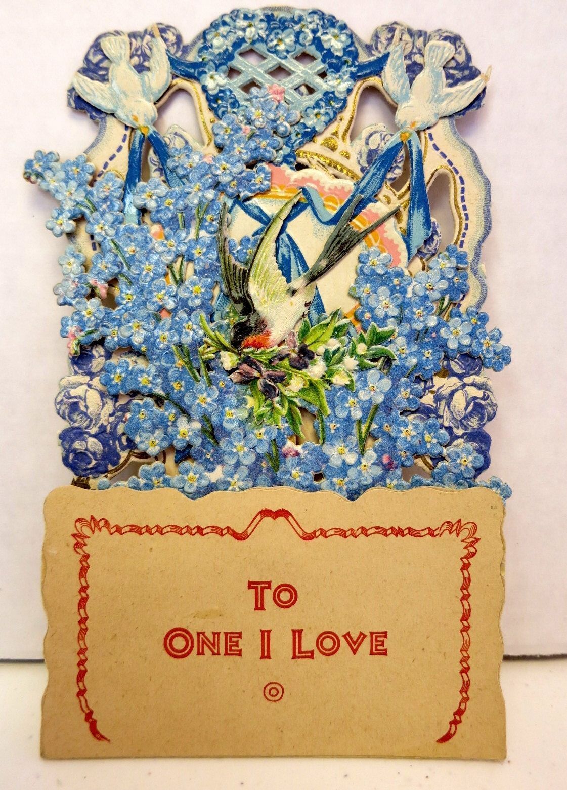 Gorgeous 1910s Oull Down Dimensional Valentine's Day Card W/ Flowers Birds