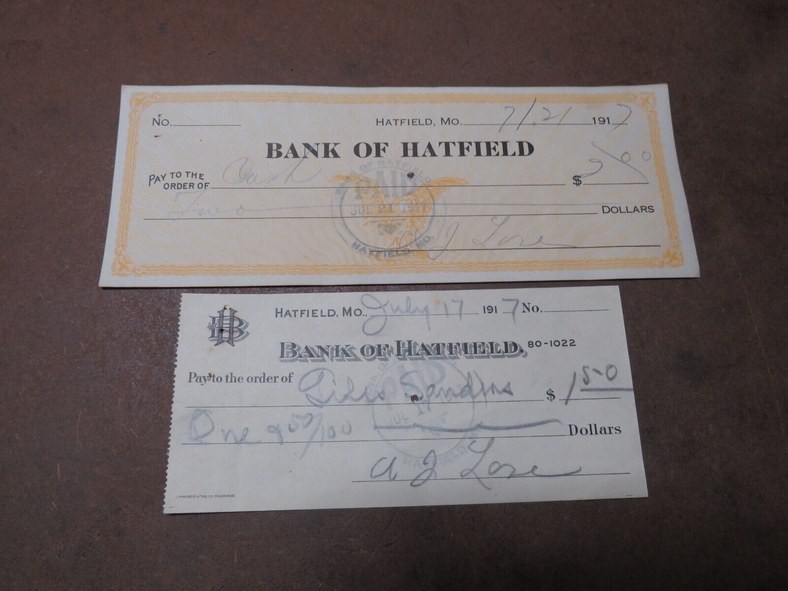 1912 1917 2 dollar Bank of Hatfield Bank note paper draft check Vintage